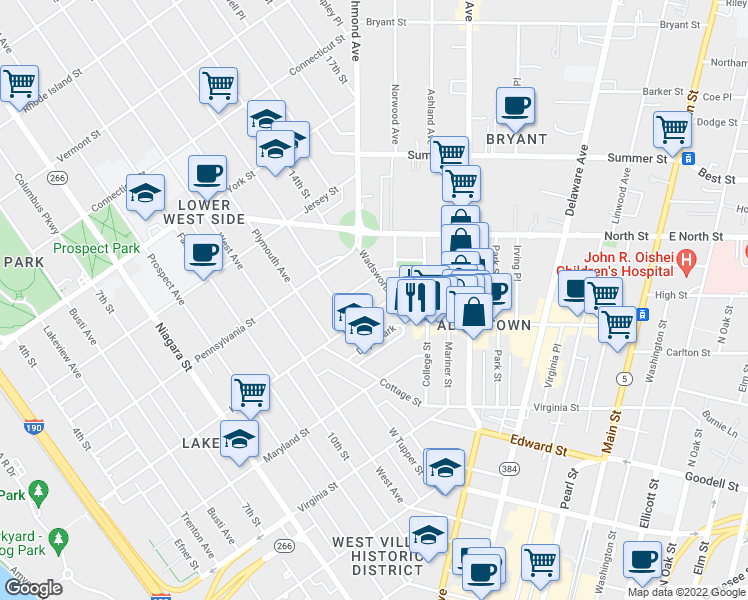map of restaurants, bars, coffee shops, grocery stores, and more near 389 Hudson Street in Buffalo