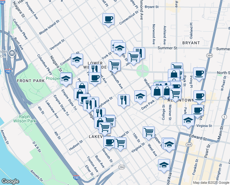 map of restaurants, bars, coffee shops, grocery stores, and more near 299 Pennsylvania Street in Buffalo
