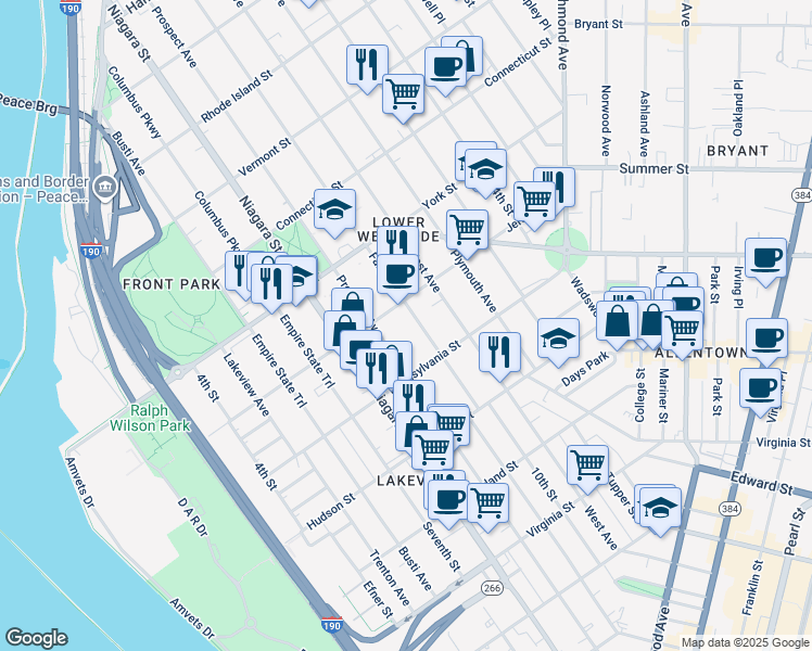 map of restaurants, bars, coffee shops, grocery stores, and more near 102 Fargo Avenue in Buffalo