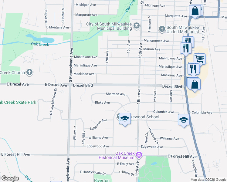 map of restaurants, bars, coffee shops, grocery stores, and more near 1636 Sherman Avenue in South Milwaukee