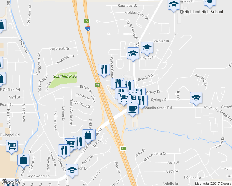 map of restaurants, bars, coffee shops, grocery stores, and more near 1399 Bench Road in Pocatello