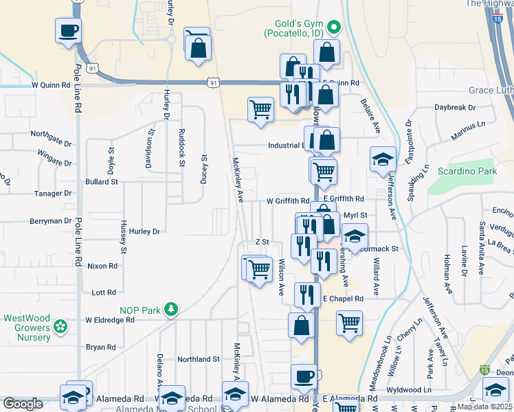 map of restaurants, bars, coffee shops, grocery stores, and more near 427 West Griffith Road in Pocatello