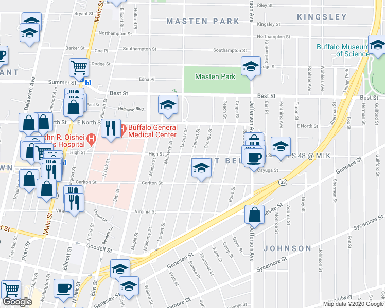 map of restaurants, bars, coffee shops, grocery stores, and more near High Street & Lemon Street in Buffalo