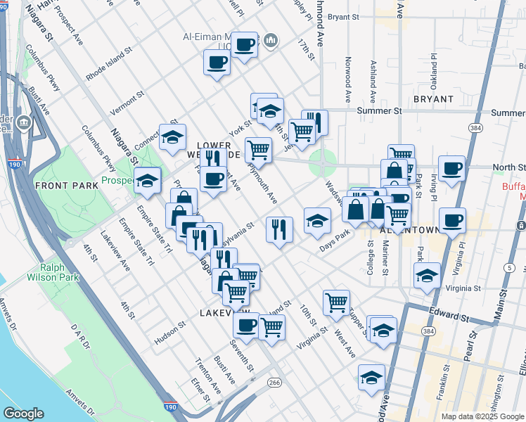 map of restaurants, bars, coffee shops, grocery stores, and more near 294 Pennsylvania Street in Buffalo