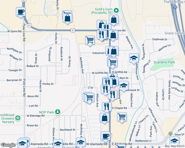 map of restaurants, bars, coffee shops, grocery stores, and more near 427 West Griffith Road in Pocatello