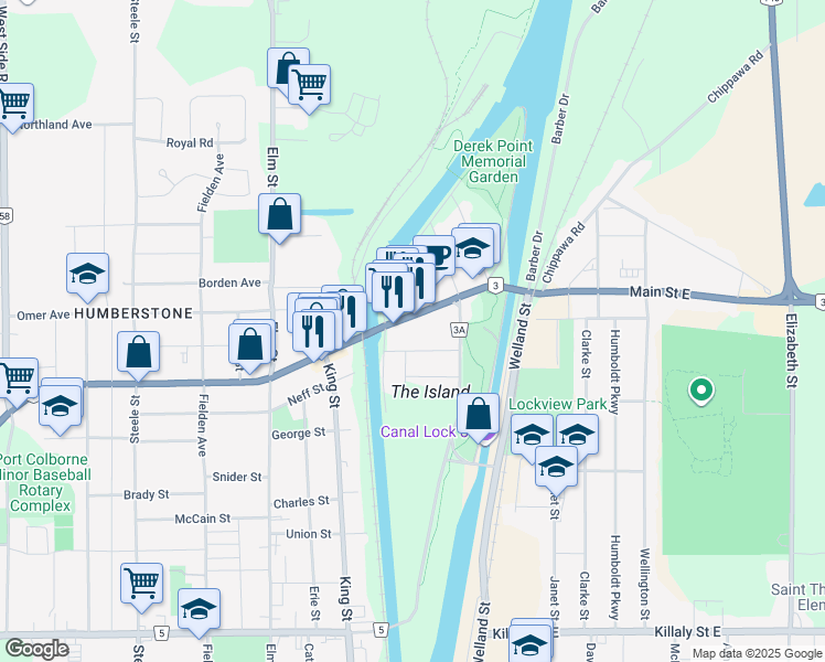 map of restaurants, bars, coffee shops, grocery stores, and more near in Port Colborne