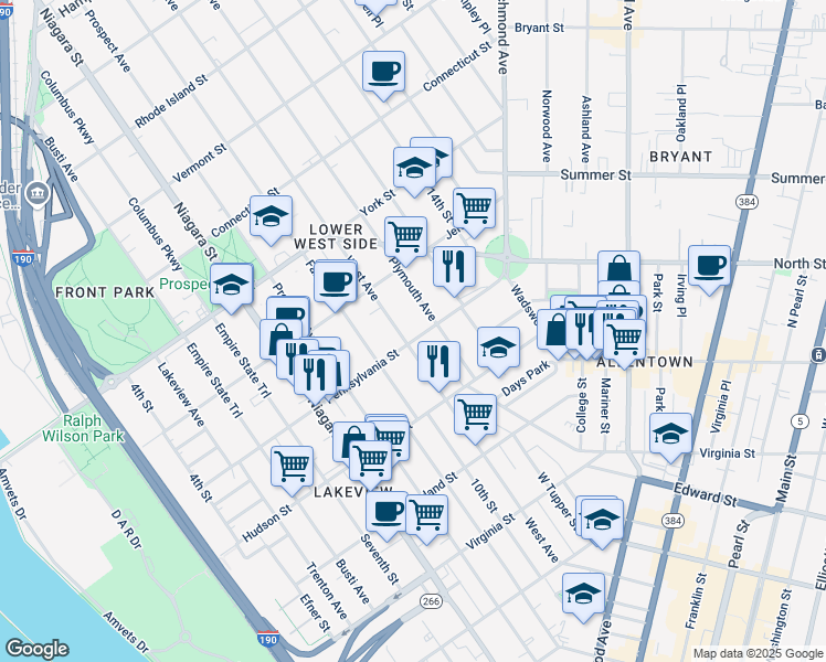 map of restaurants, bars, coffee shops, grocery stores, and more near 294 Pennsylvania Street in Buffalo