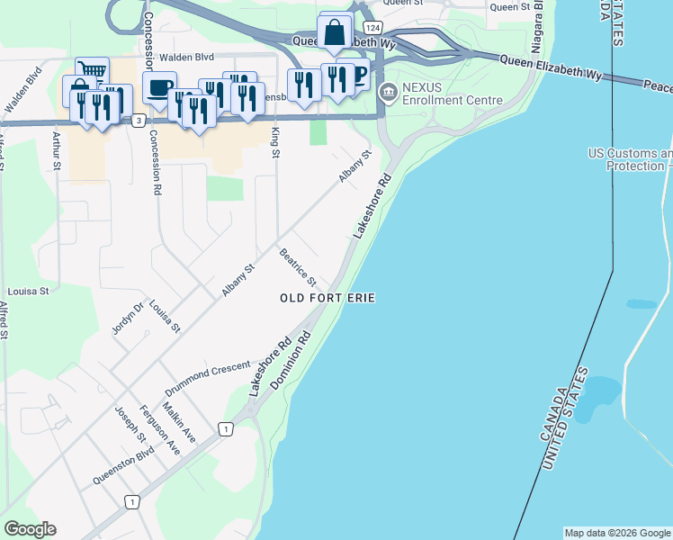 map of restaurants, bars, coffee shops, grocery stores, and more near 174 Lakeshore Road in Fort Erie