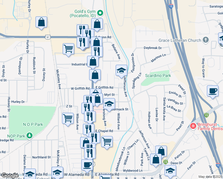 map of restaurants, bars, coffee shops, grocery stores, and more near 300 Myrl Street in Pocatello