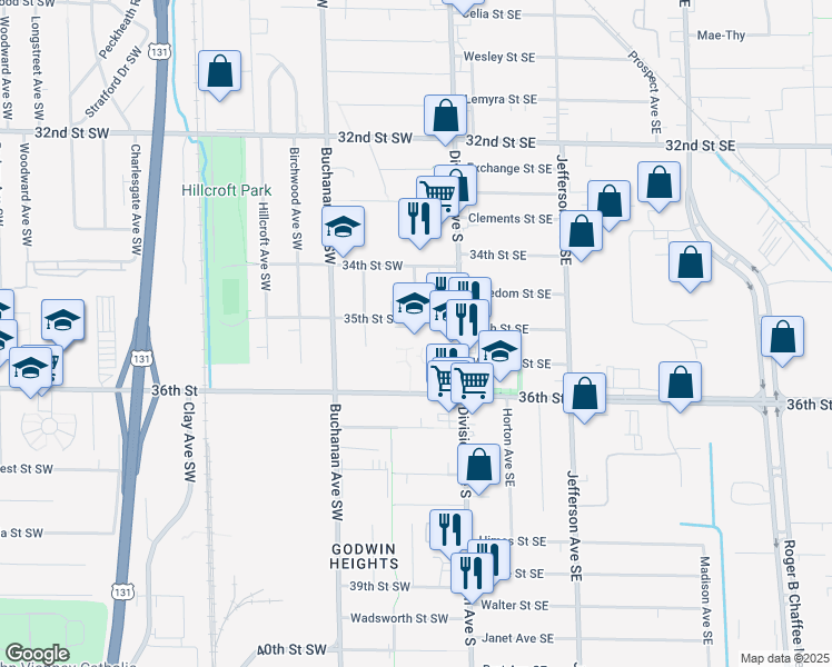 map of restaurants, bars, coffee shops, grocery stores, and more near 50 35th Street Southwest in Grand Rapids
