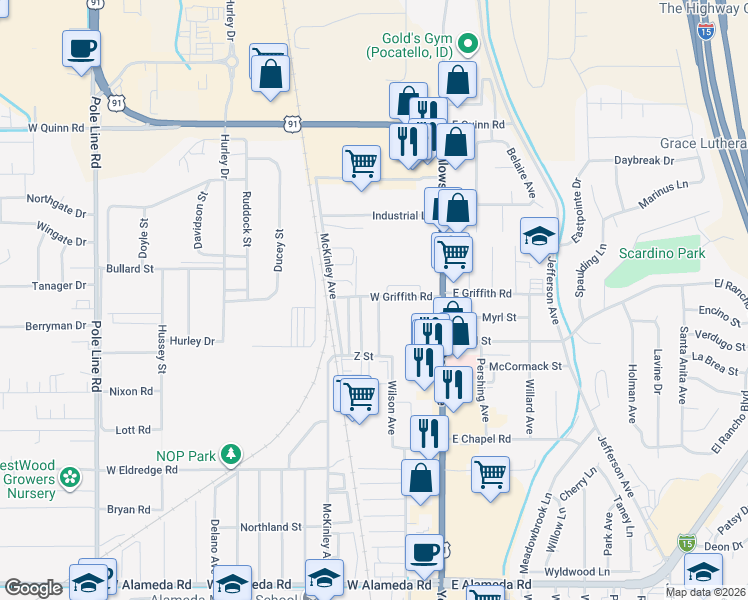 map of restaurants, bars, coffee shops, grocery stores, and more near 427 West Griffith Road in Pocatello