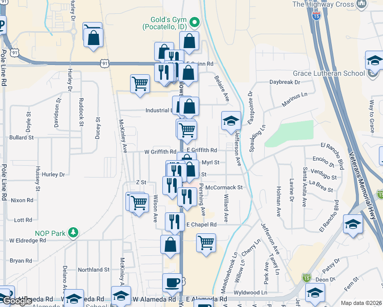 map of restaurants, bars, coffee shops, grocery stores, and more near 1355 Pershing Avenue in Pocatello