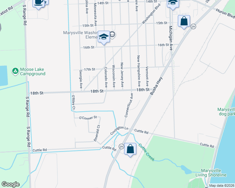 map of restaurants, bars, coffee shops, grocery stores, and more near 711 18th Street in Marysville