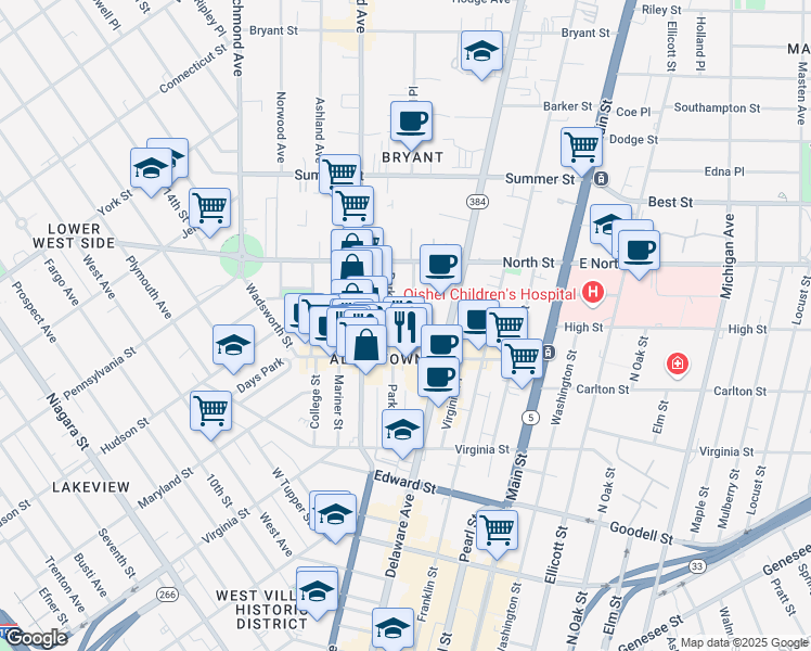 map of restaurants, bars, coffee shops, grocery stores, and more near 32 Irving Place in Buffalo