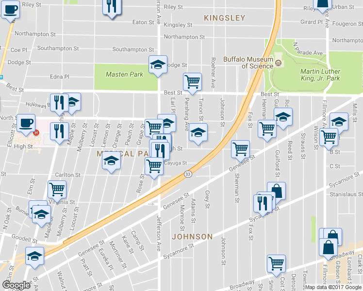 map of restaurants, bars, coffee shops, grocery stores, and more near 450 High Street in Buffalo