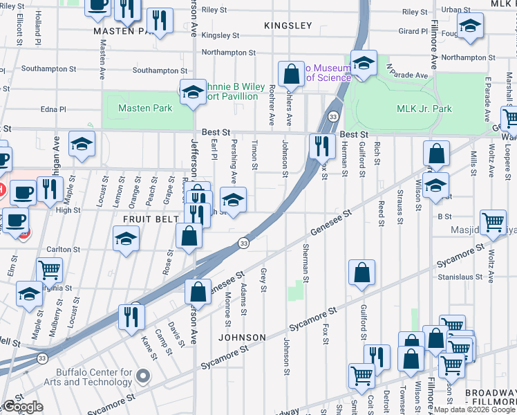 map of restaurants, bars, coffee shops, grocery stores, and more near 497 High Street in Buffalo