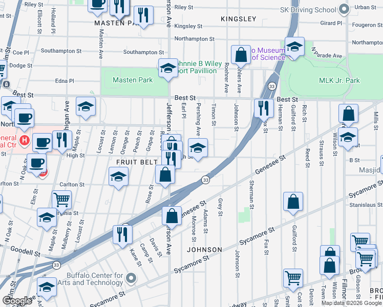 map of restaurants, bars, coffee shops, grocery stores, and more near 450 High Street in Buffalo