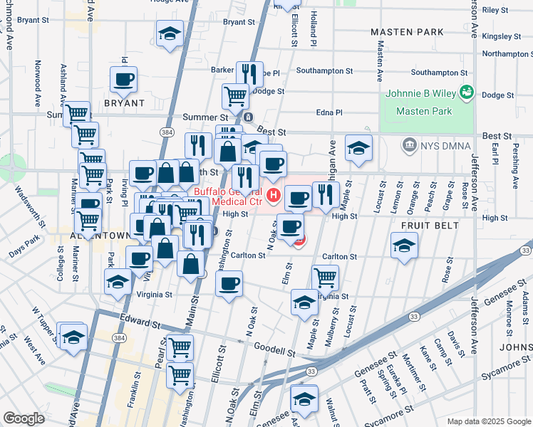 map of restaurants, bars, coffee shops, grocery stores, and more near 795 Ellicott Street in Buffalo