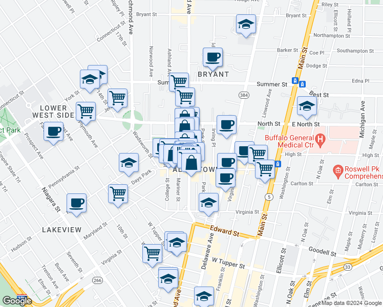 map of restaurants, bars, coffee shops, grocery stores, and more near 116 Elmwood Avenue in Buffalo
