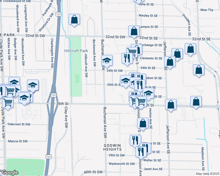 map of restaurants, bars, coffee shops, grocery stores, and more near in Grand Rapids