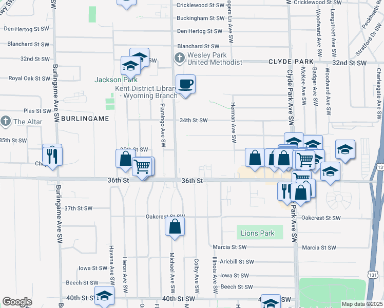 map of restaurants, bars, coffee shops, grocery stores, and more near 1128 35th Street Southwest in Wyoming