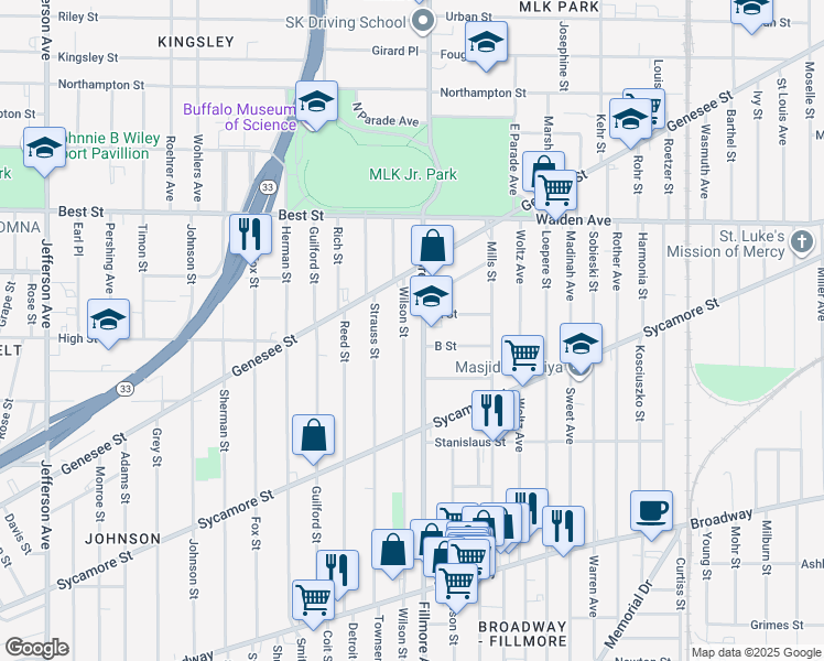map of restaurants, bars, coffee shops, grocery stores, and more near 540 Wilson Street in Buffalo