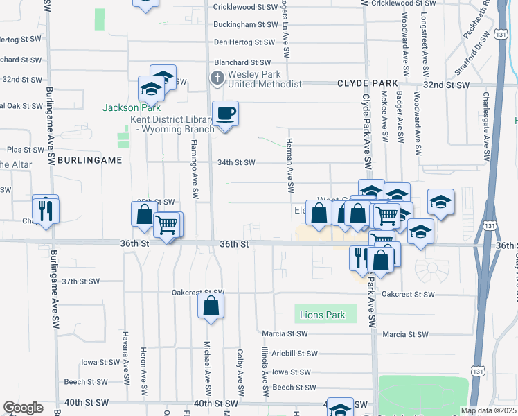 map of restaurants, bars, coffee shops, grocery stores, and more near 1054 35th Street Southwest in Wyoming