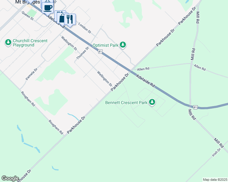 map of restaurants, bars, coffee shops, grocery stores, and more near 8655 Parkhouse Drive in Mount Brydges