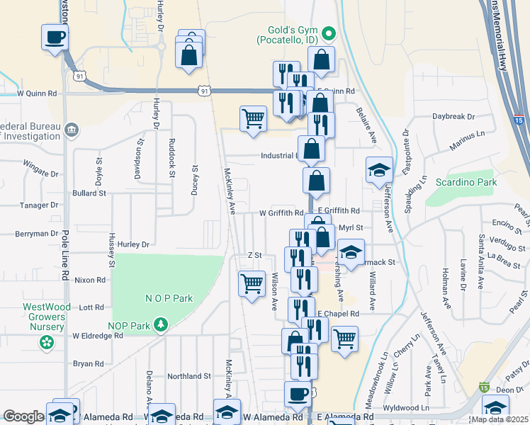 map of restaurants, bars, coffee shops, grocery stores, and more near 335 West Griffith Road in Pocatello