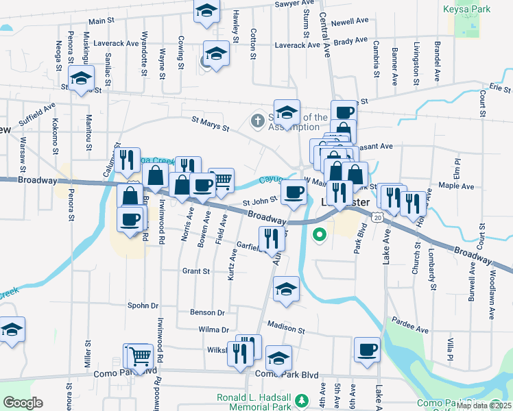 map of restaurants, bars, coffee shops, grocery stores, and more near 5303 U.S. 20 in Lancaster