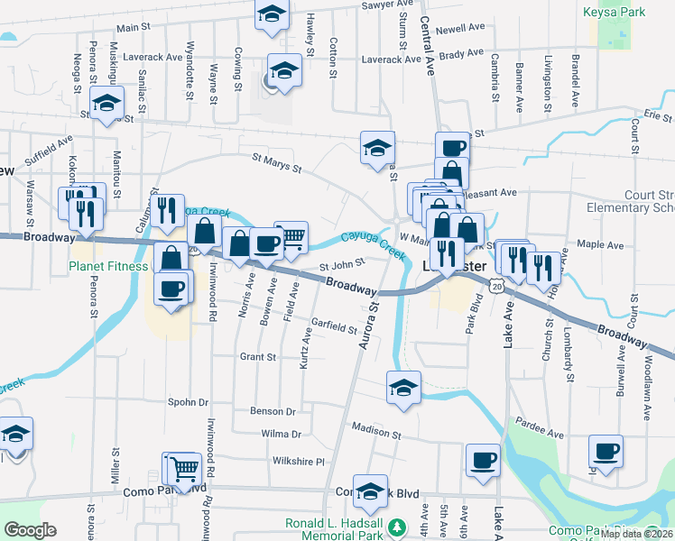 map of restaurants, bars, coffee shops, grocery stores, and more near 5303 U.S. 20 in Lancaster
