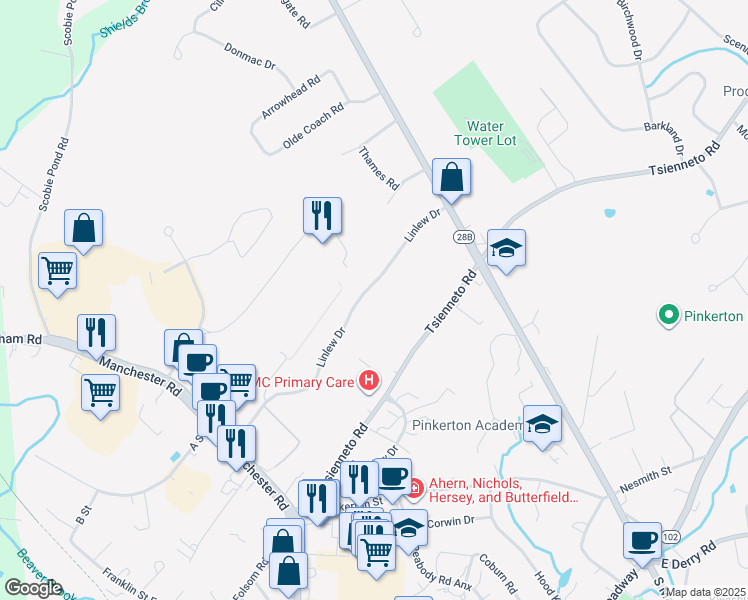 map of restaurants, bars, coffee shops, grocery stores, and more near 19 Linlew Drive in Derry