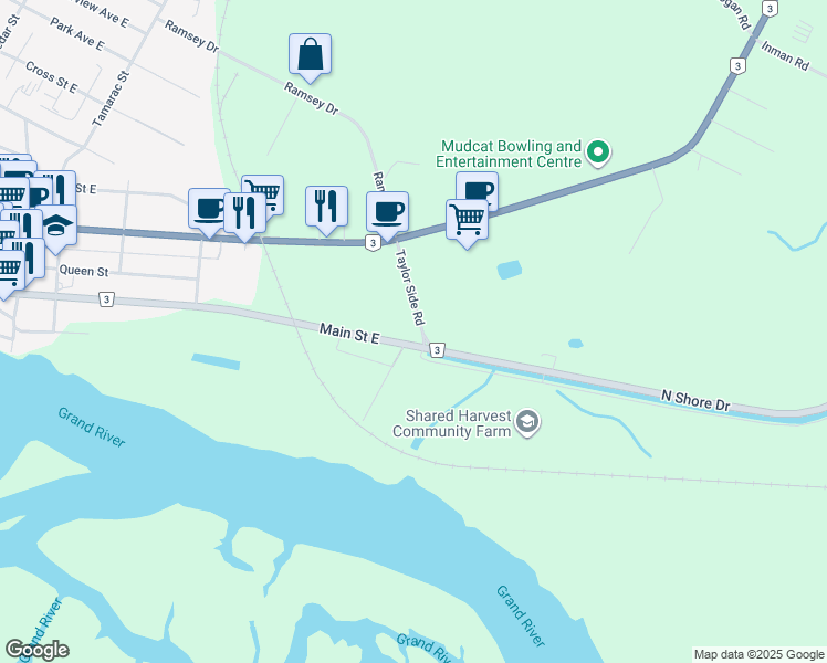 map of restaurants, bars, coffee shops, grocery stores, and more near 208 Taylor Road in Haldimand County