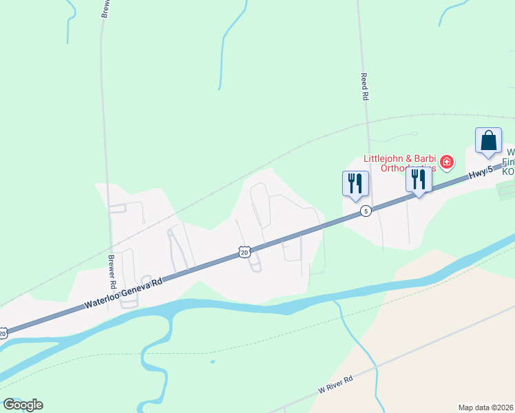 map of restaurants, bars, coffee shops, grocery stores, and more near 1021 Waterloo Geneva Road in Waterloo