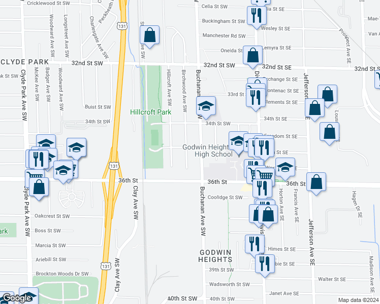 map of restaurants, bars, coffee shops, grocery stores, and more near 3510 Birchwood Avenue Southwest in Grand Rapids