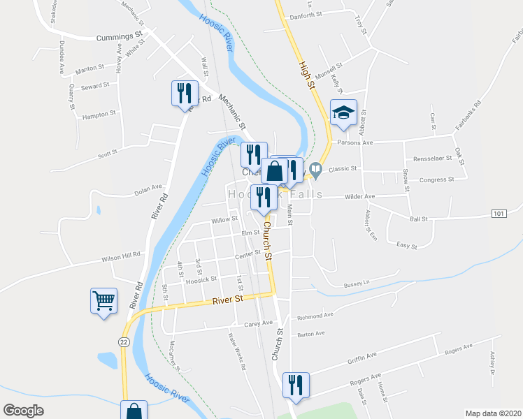 map of restaurants, bars, coffee shops, grocery stores, and more near 41 Church Street in Hoosick Falls