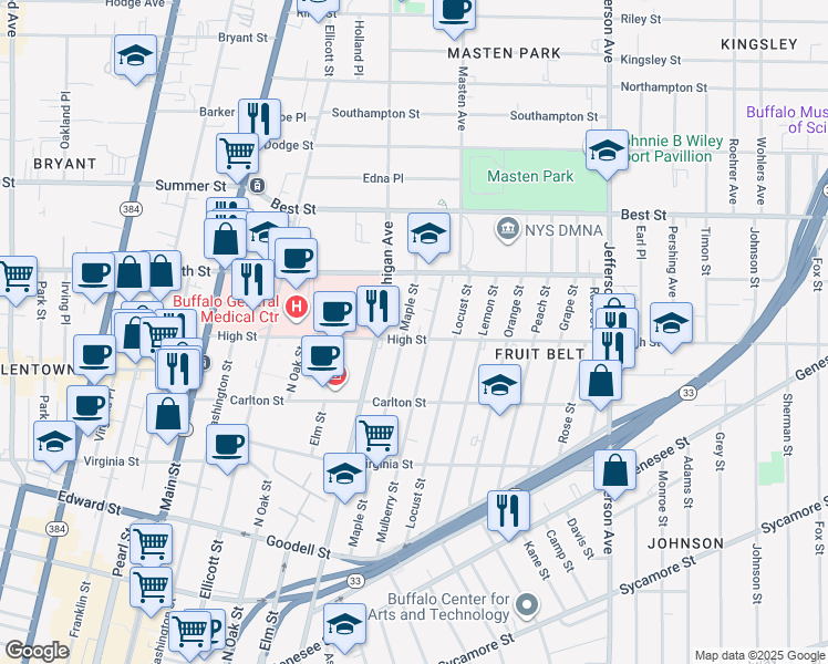 map of restaurants, bars, coffee shops, grocery stores, and more near 243 Mulberry Street in Buffalo