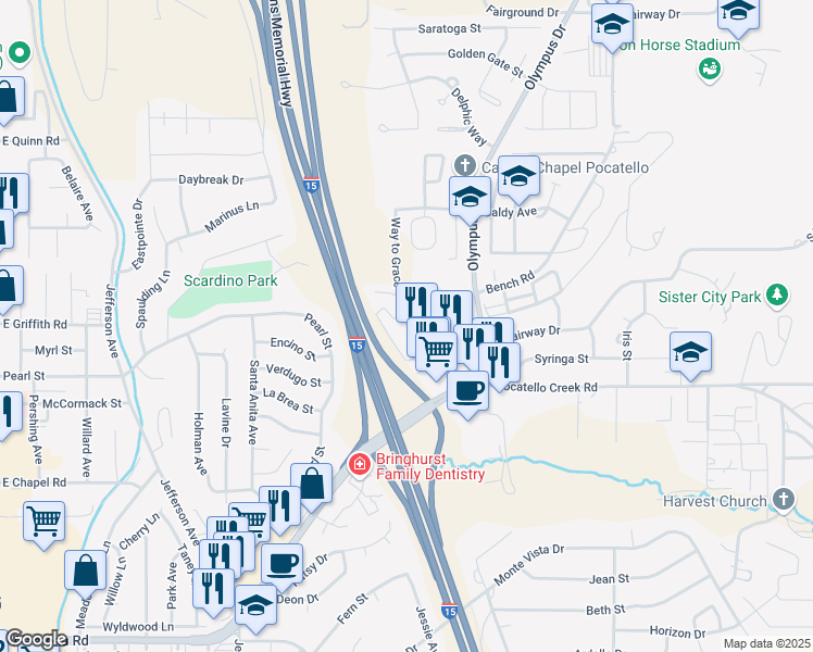map of restaurants, bars, coffee shops, grocery stores, and more near 1399 Bench Road in Pocatello