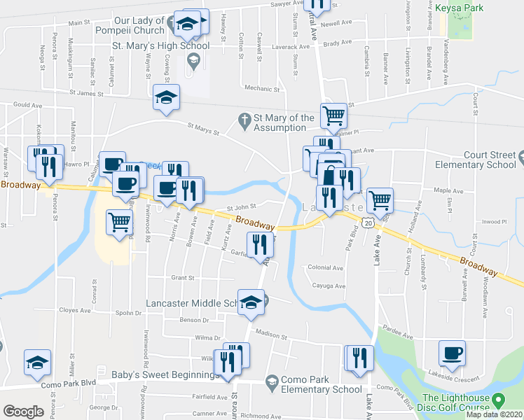 map of restaurants, bars, coffee shops, grocery stores, and more near 5332 Broadway in Lancaster