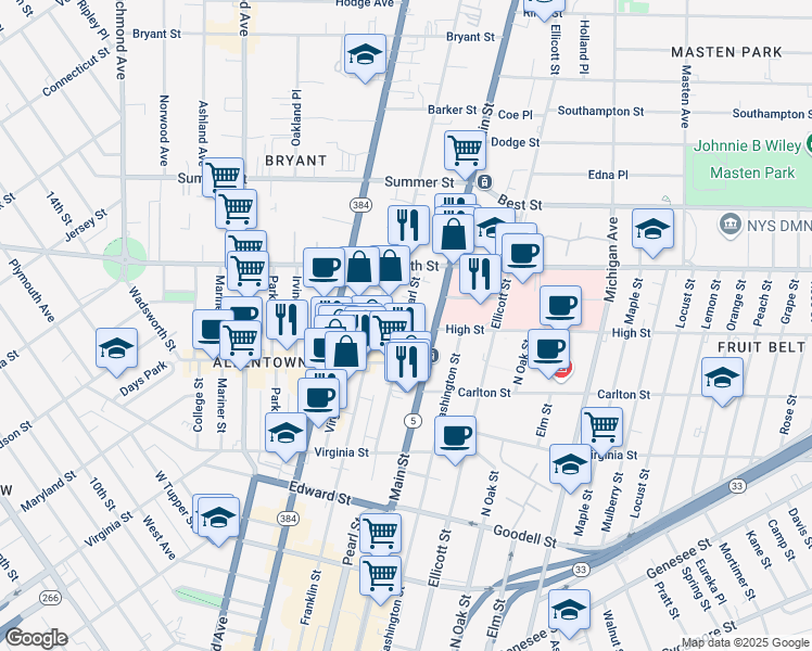 map of restaurants, bars, coffee shops, grocery stores, and more near 960 Main Street in Buffalo