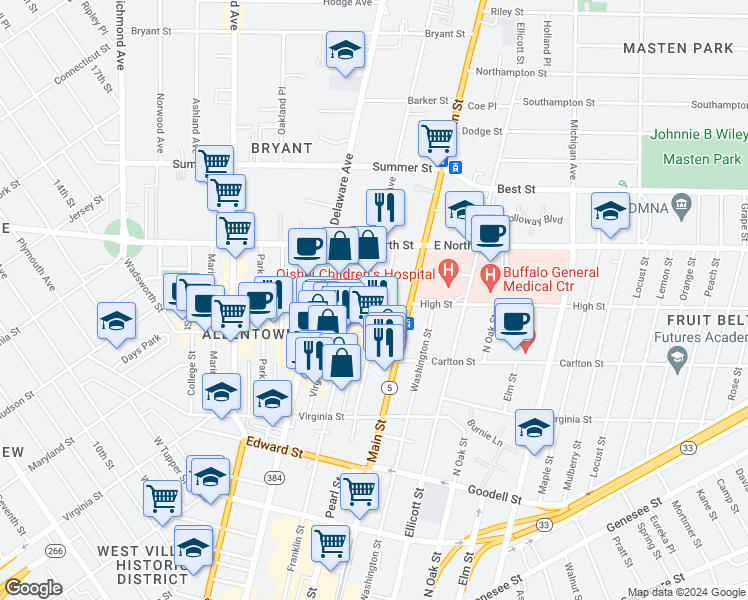 map of restaurants, bars, coffee shops, grocery stores, and more near 505 Franklin Street in Buffalo