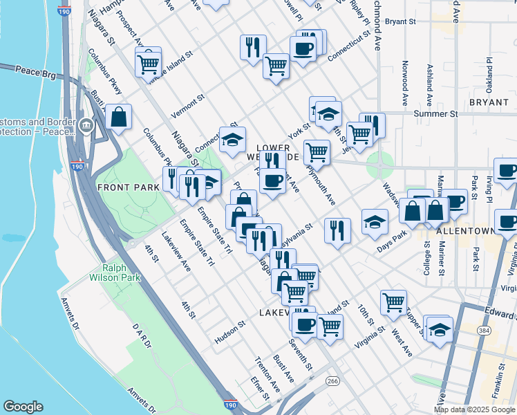 map of restaurants, bars, coffee shops, grocery stores, and more near 454 Prospect Avenue in Buffalo