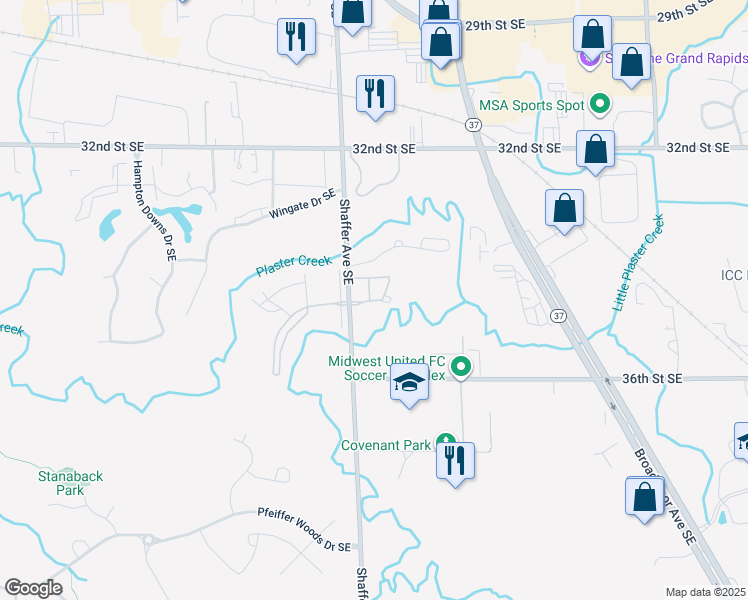 map of restaurants, bars, coffee shops, grocery stores, and more near 3242 Huntington Woods Drive Southeast in Kentwood