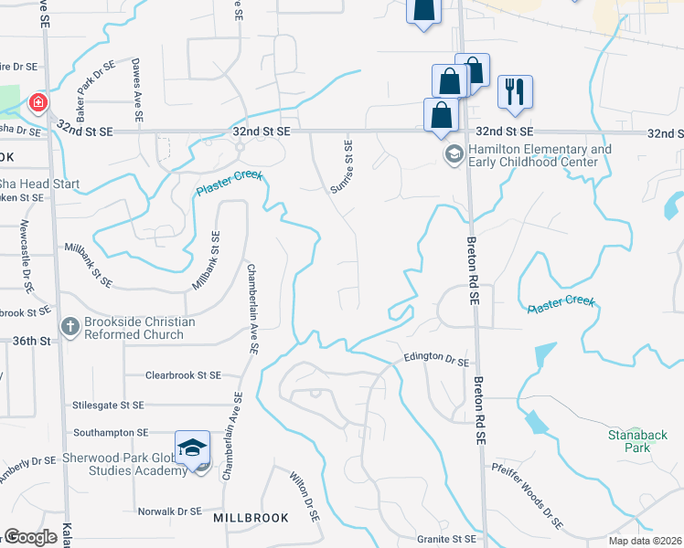 map of restaurants, bars, coffee shops, grocery stores, and more near 2129 Trail Ridge Court Southeast in Grand Rapids