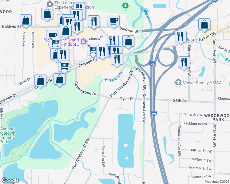 map of restaurants, bars, coffee shops, grocery stores, and more near 175 Tyler Street in Grandville