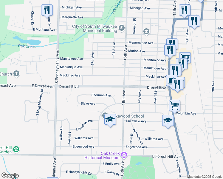 map of restaurants, bars, coffee shops, grocery stores, and more near 1612 Sherman Avenue in South Milwaukee