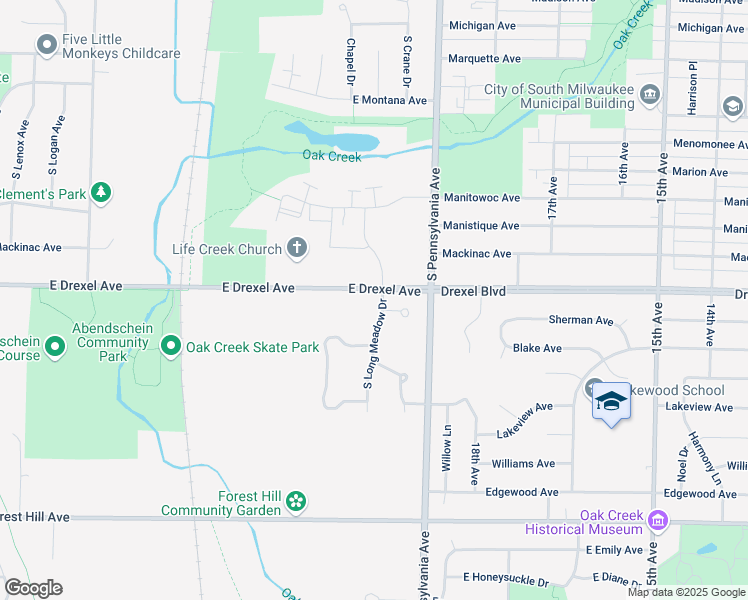 map of restaurants, bars, coffee shops, grocery stores, and more near 7911 South Long Meadow Drive in Oak Creek