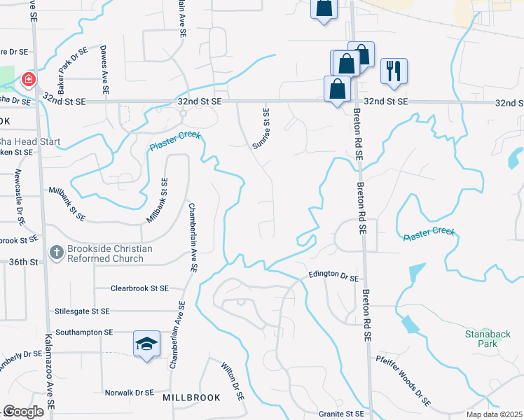map of restaurants, bars, coffee shops, grocery stores, and more near 2129 Trail Ridge Court Southeast in Grand Rapids