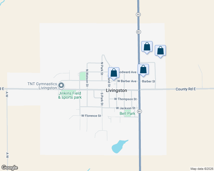map of restaurants, bars, coffee shops, grocery stores, and more near 491 East Co Road East in Livingston