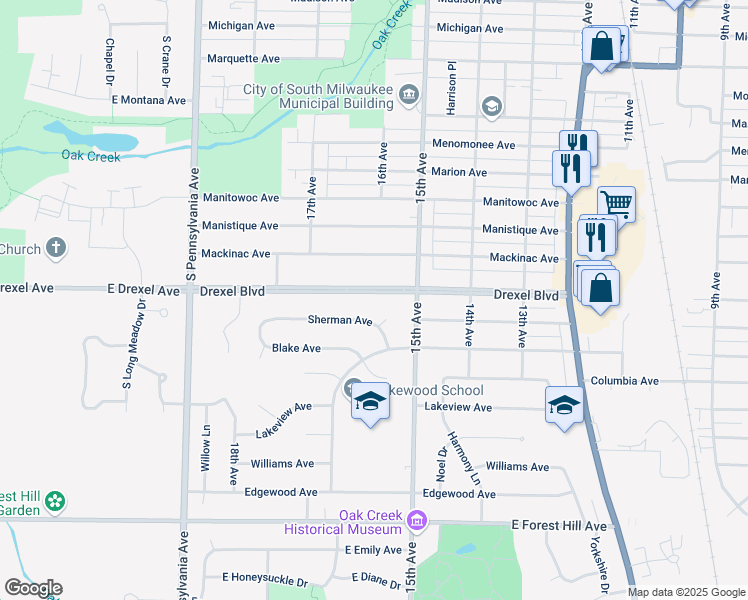 map of restaurants, bars, coffee shops, grocery stores, and more near 1612 Sherman Avenue in South Milwaukee